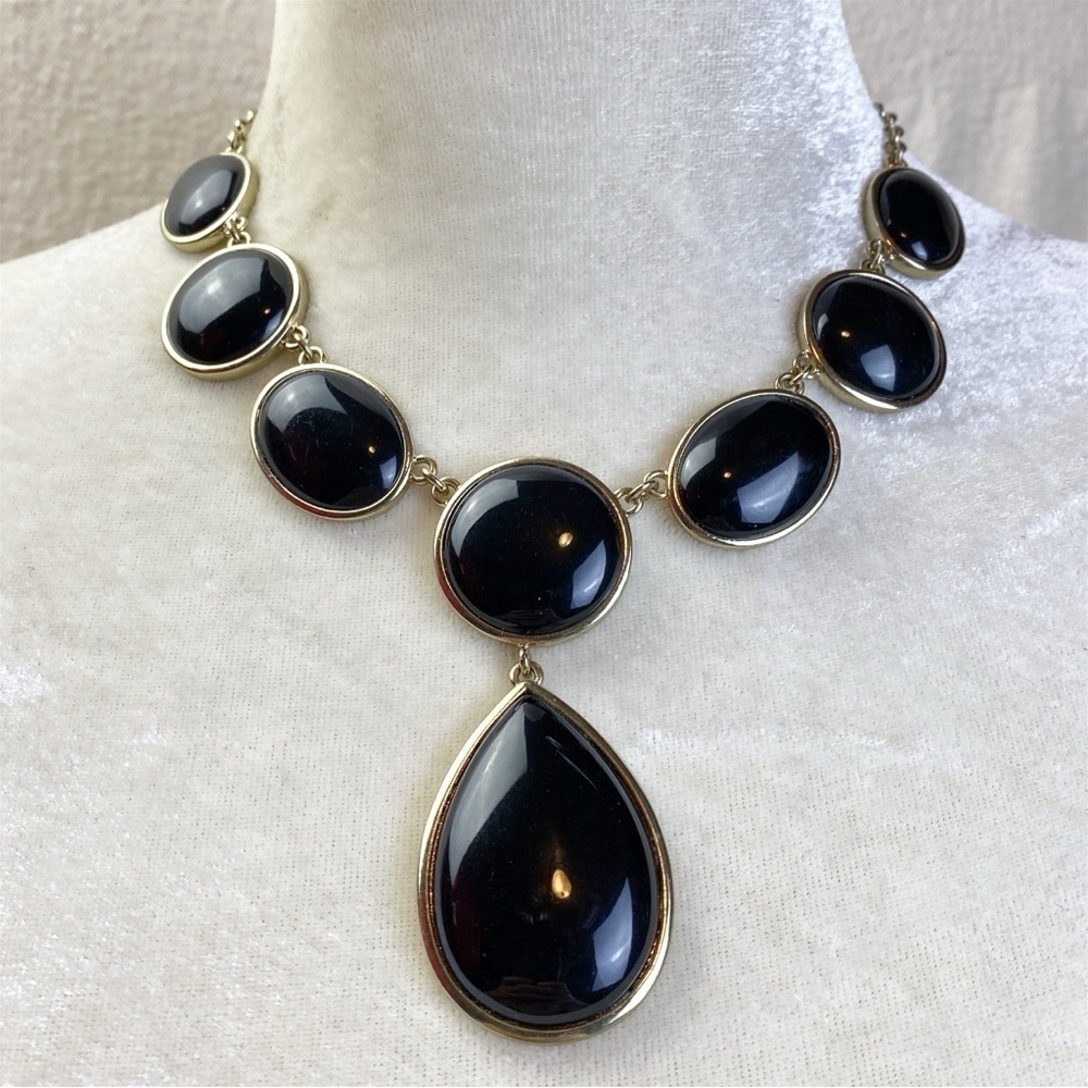 Monet gold tone necklace with black acrylic cabochon gems